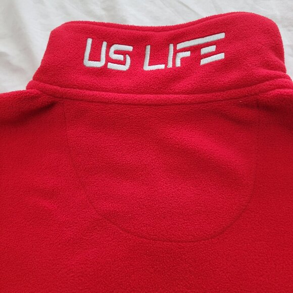 US Life Red Fleece Pullover Jacket 1/4 Zip Collar Logo Mens Large Black Trim - Picture 7 of 10